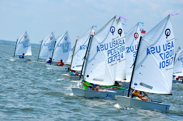 Clayton Johnson (far left) and JC Hermus (3rd from left) coming off the start at the NJ State Optimist Championship. 
